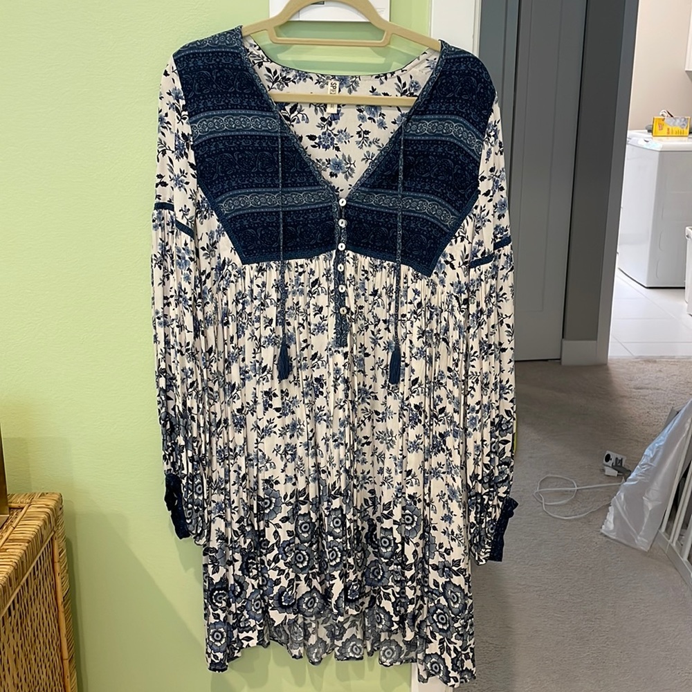 blue and white M dress